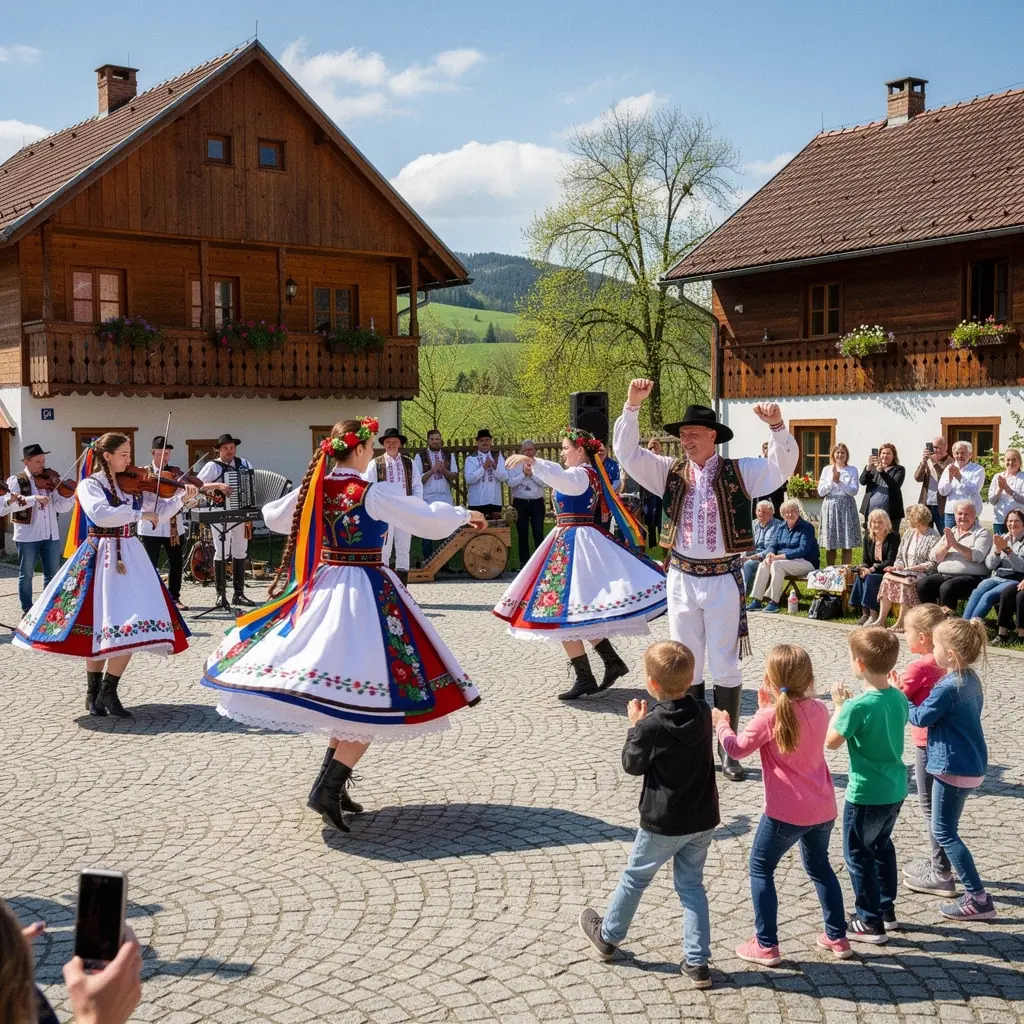 A vibrant street scene in a cultural village, with locals dressed in traditional Slovak costumes celebrating a folk festival.